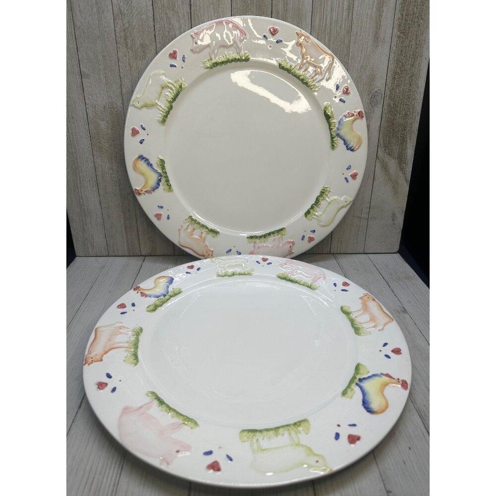 Vtg Stefani Farmhouse Animals Pig Sheep Cow 12.5" Dinner Plate Charger Set 2